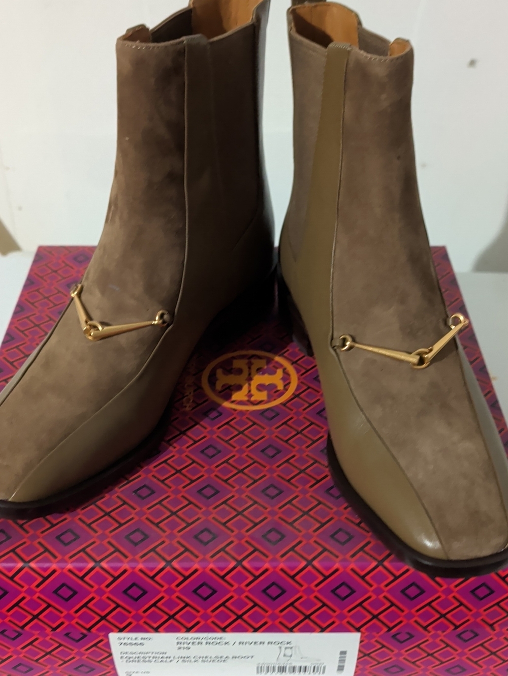 Authentic Tory Burch Women's Brown Suede Chelsea Boots with Gold Bit Detail